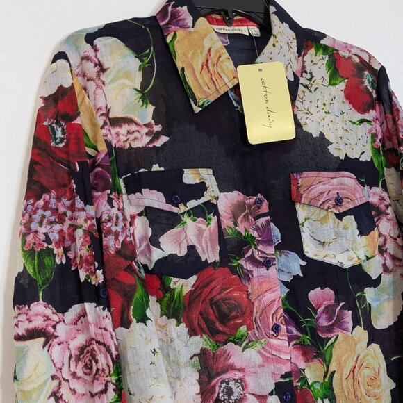 COTTON DAISY Navy Floral Lightweight Cotton Long Sleeve Button Blouse; Size L - Picture 2 of 6